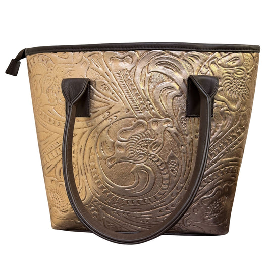 Angelozano Embossed Bronze Leather Tote Bag With Tassel Accents
