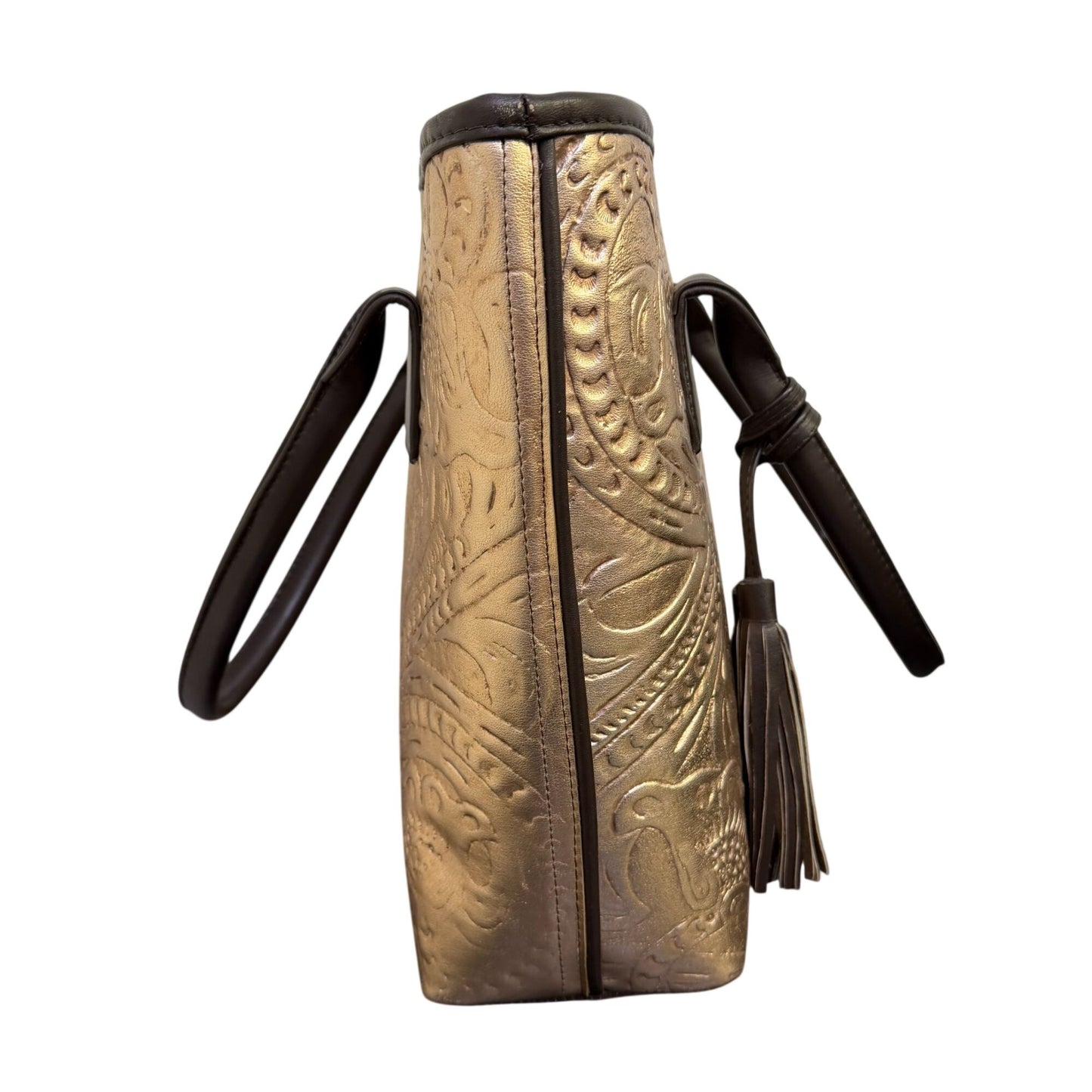 Angelozano Embossed Bronze Leather Tote Bag With Tassel Accents