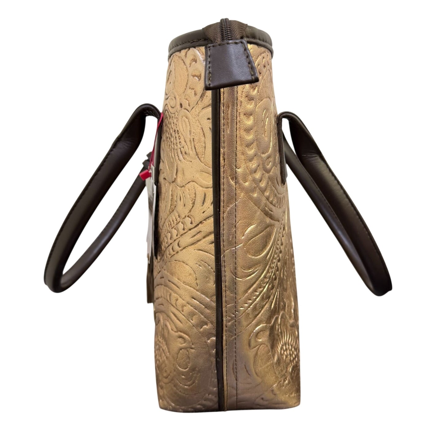 Angelozano Embossed Bronze Leather Tote Bag With Tassel Accents