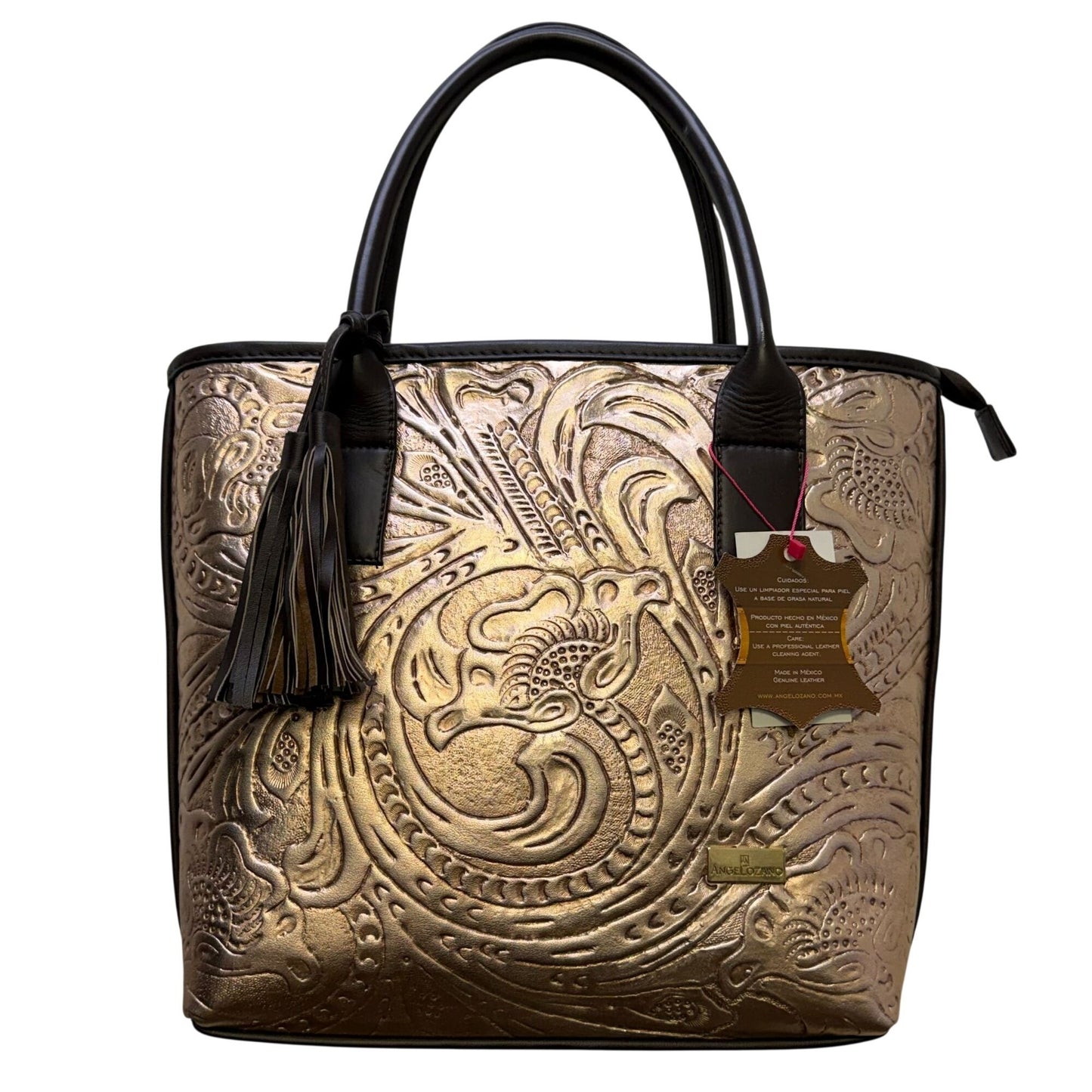 Angelozano Embossed Bronze Leather Tote Bag With Tassel Accents
