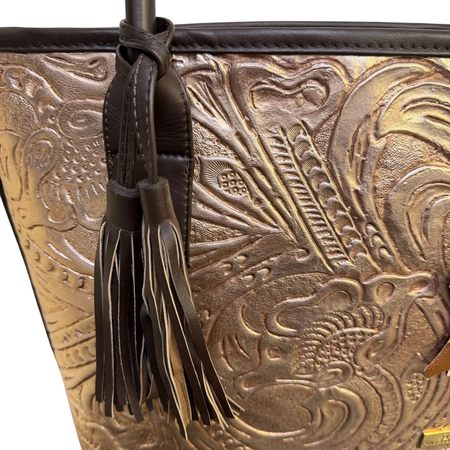 Angelozano Embossed Bronze Leather Tote Bag With Tassel Accents