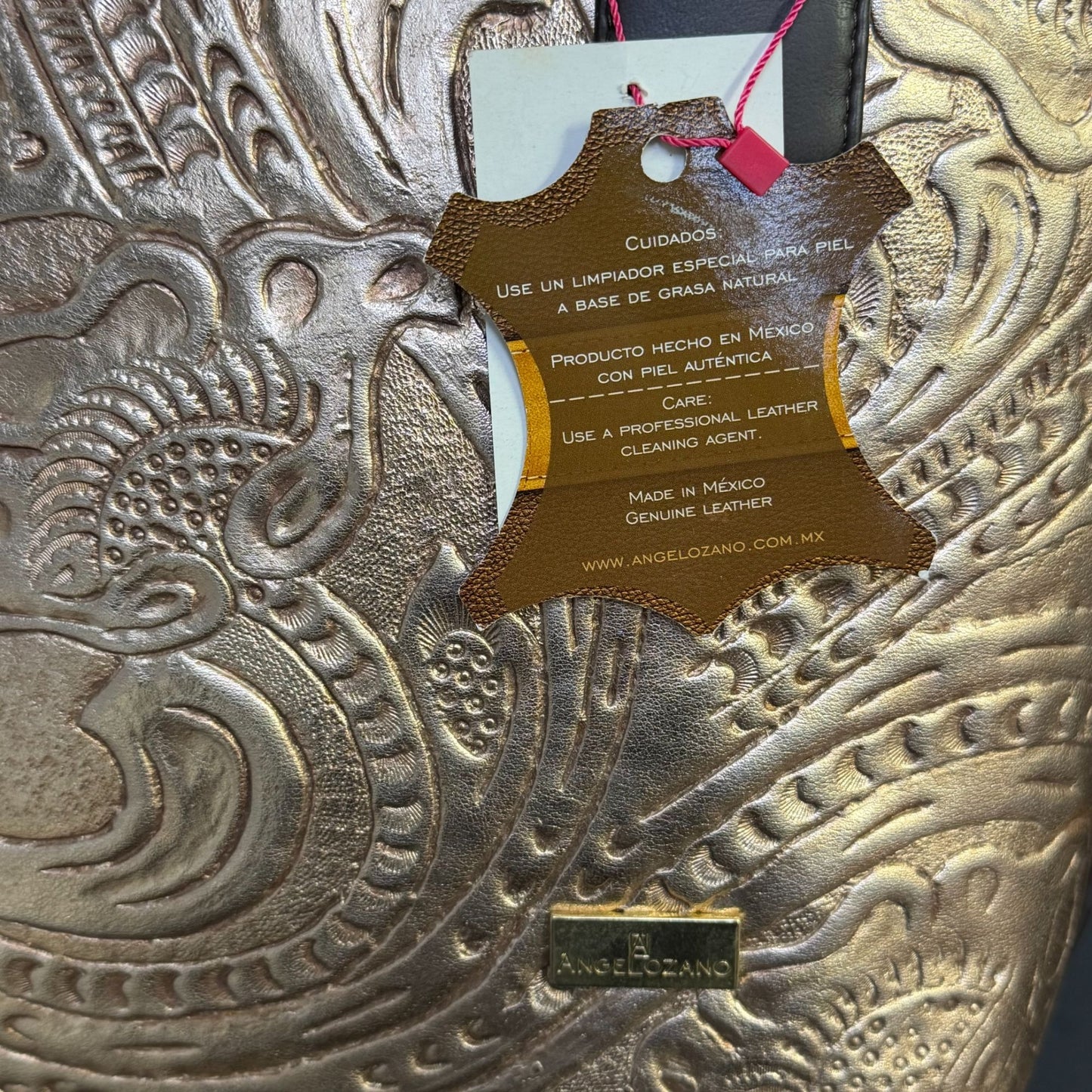 Angelozano Embossed Bronze Leather Tote Bag With Tassel Accents