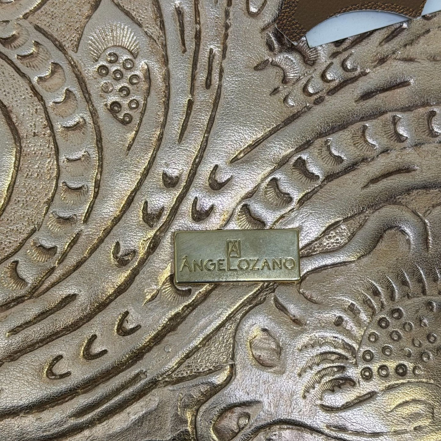 Angelozano Embossed Bronze Leather Tote Bag With Tassel Accents