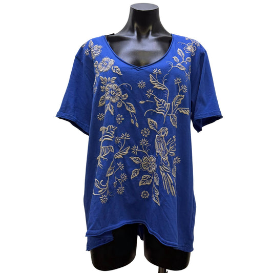 Johnny Was Blue Embroidered Floral Bird Blouse Cream L
