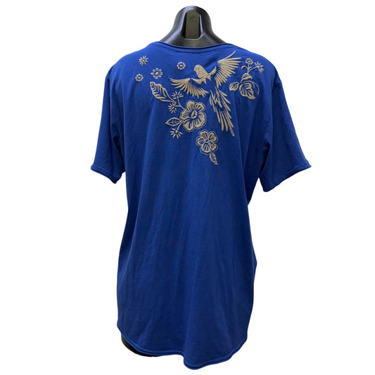 Johnny Was Blue Embroidered Floral Bird Blouse Cream L