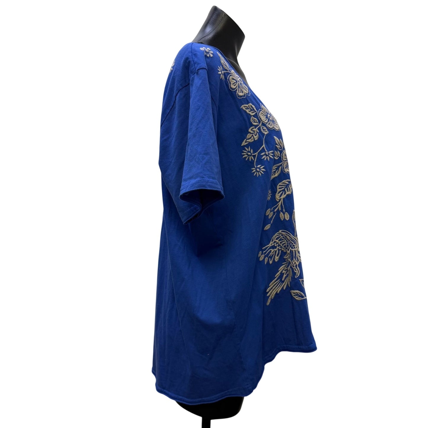 Johnny Was Blue Embroidered Floral Bird Blouse Cream L