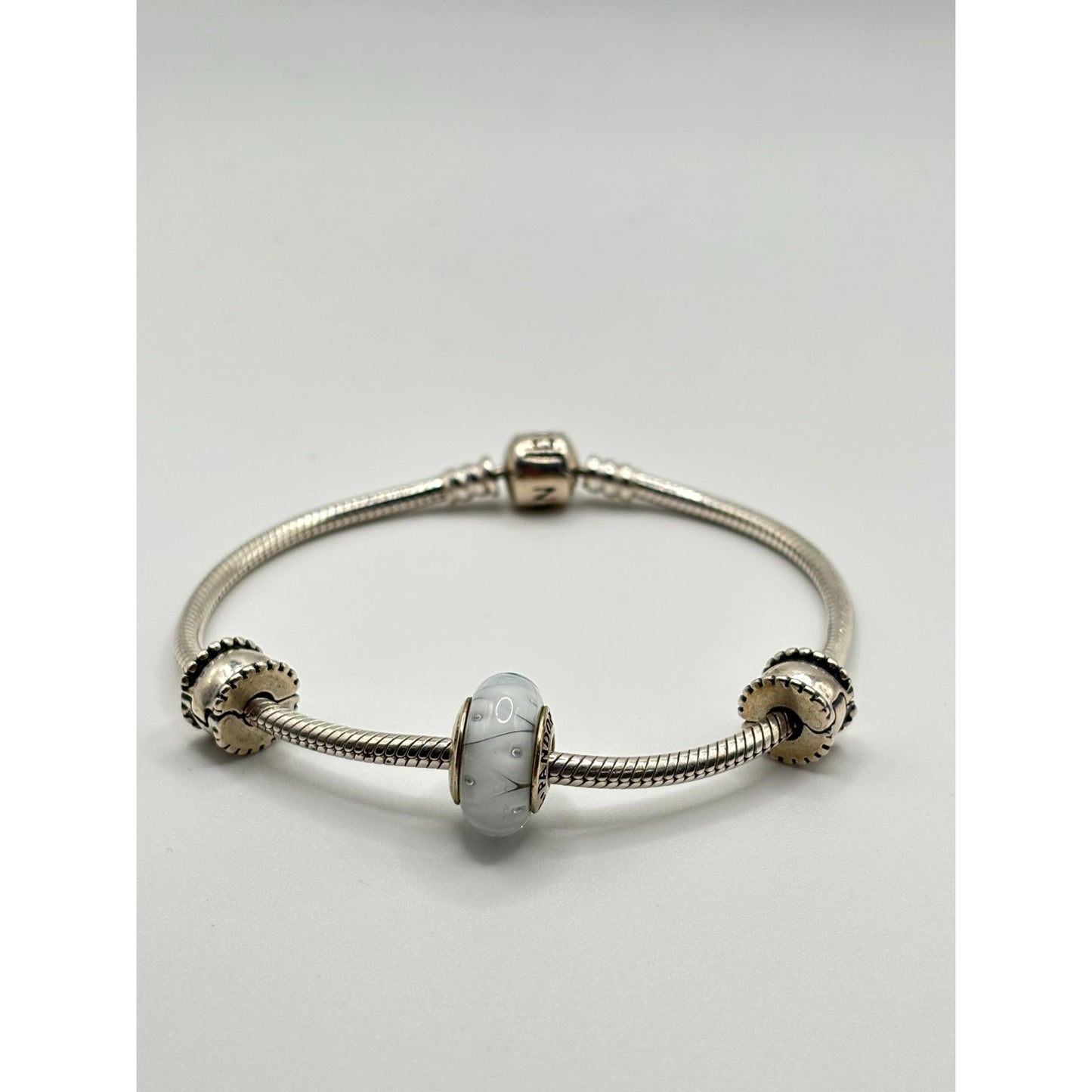 Pandora 925 Sterling Silver Charm Bracelet With Blue & White Glass