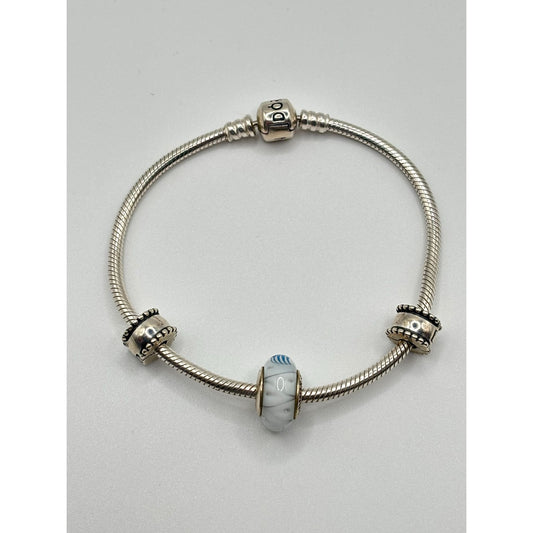 Pandora 925 Sterling Silver Charm Bracelet With Blue & White Glass