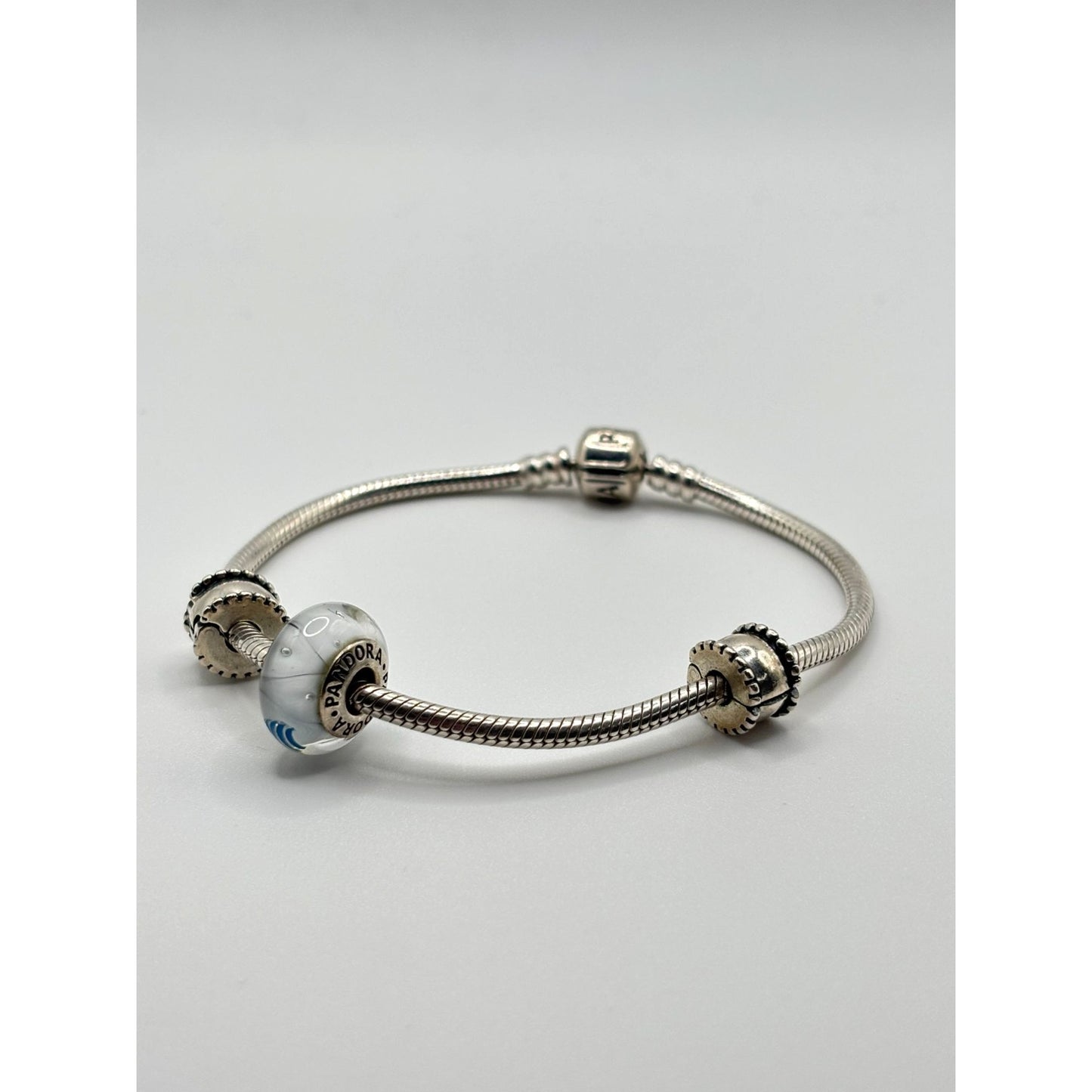 Pandora 925 Sterling Silver Charm Bracelet With Blue & White Glass
