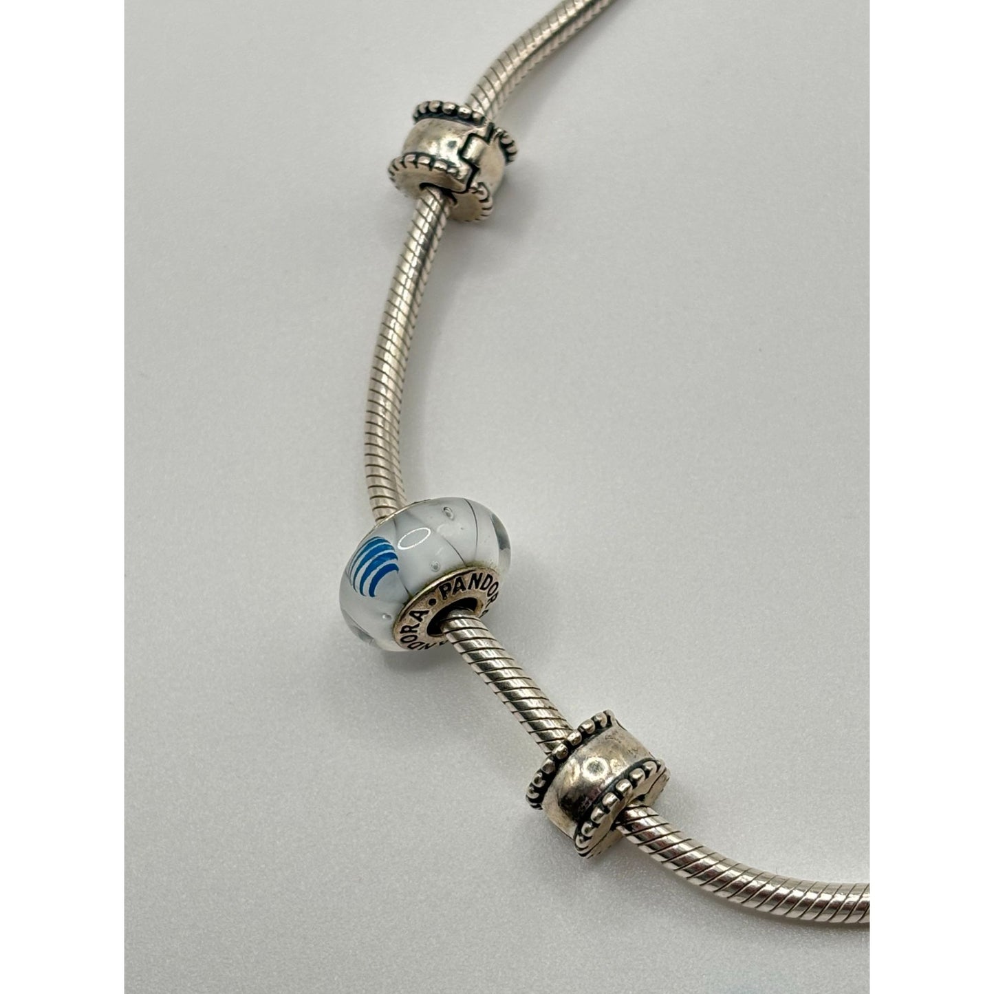 Pandora 925 Sterling Silver Charm Bracelet With Blue & White Glass