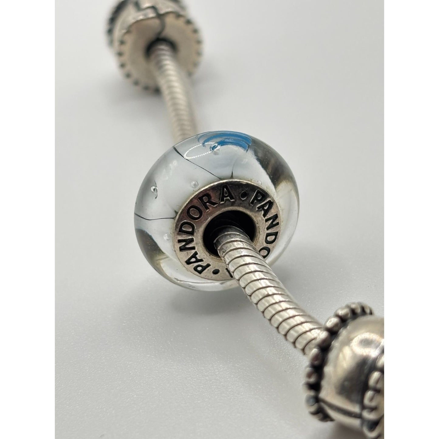 Pandora 925 Sterling Silver Charm Bracelet With Blue & White Glass
