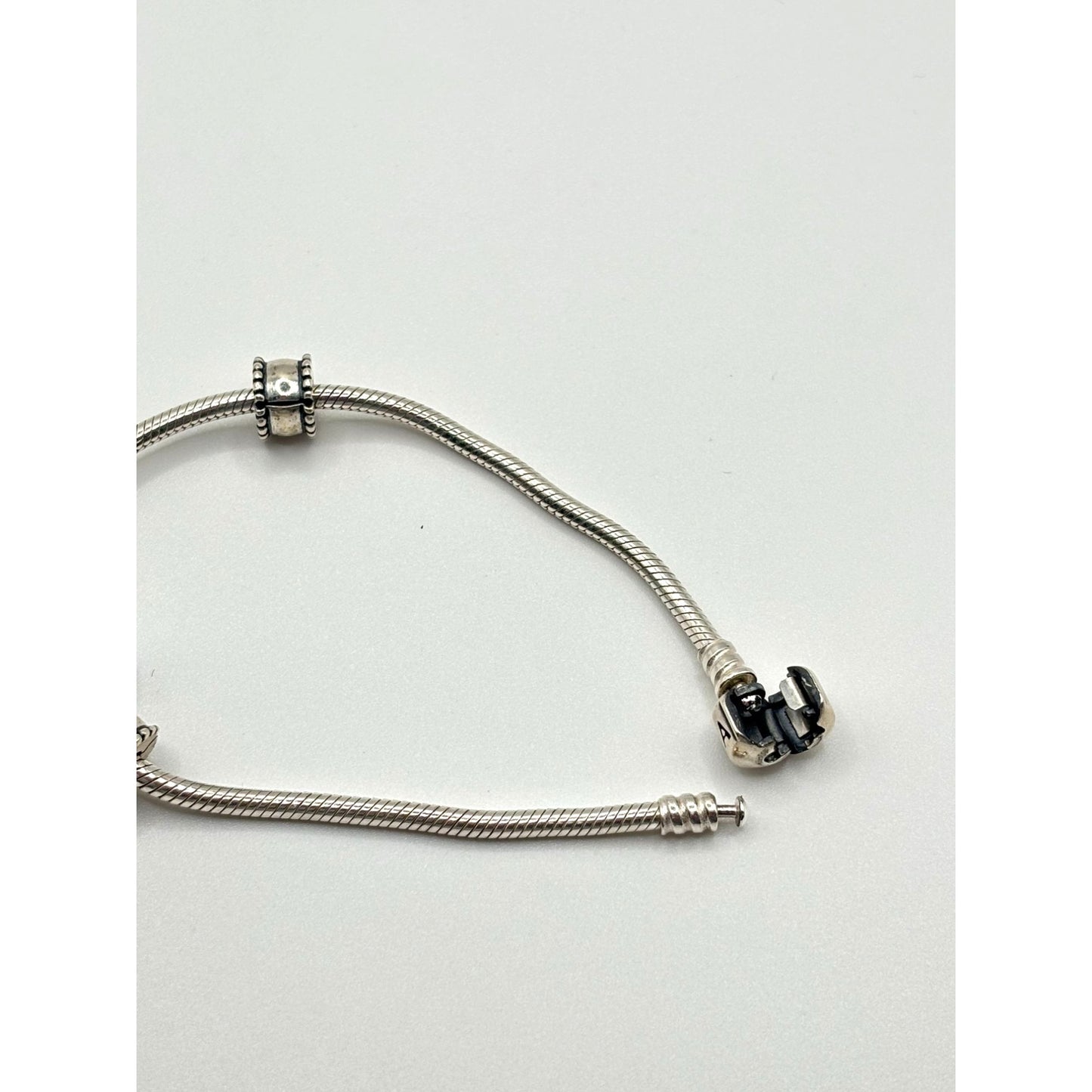 Pandora 925 Sterling Silver Charm Bracelet With Blue & White Glass