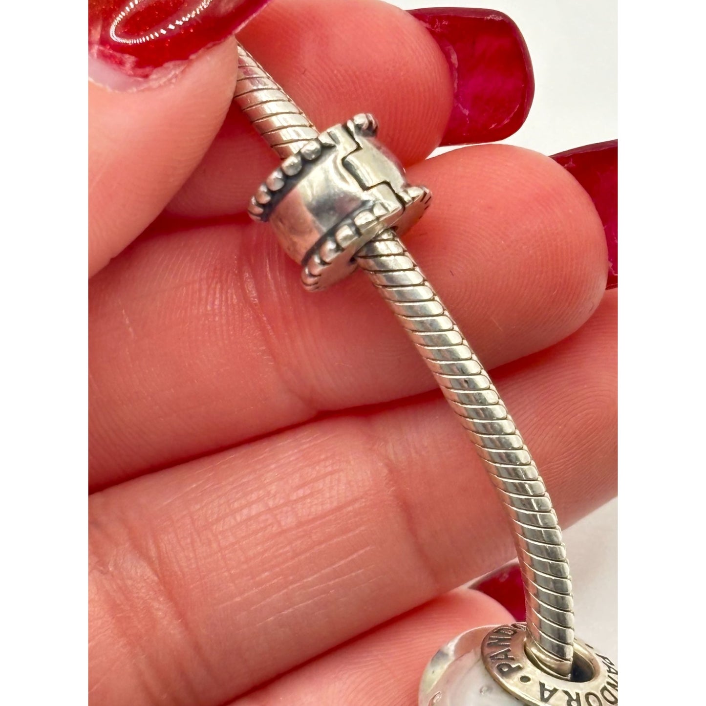 Pandora 925 Sterling Silver Charm Bracelet With Blue & White Glass