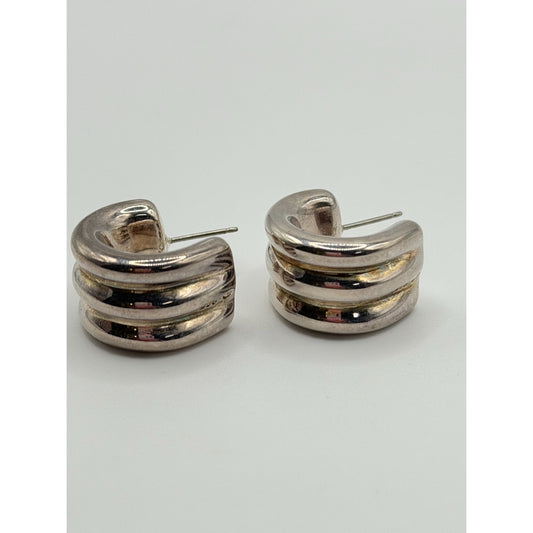 Sterling Silver 925 Chunky Triple Band Hoop Earrings