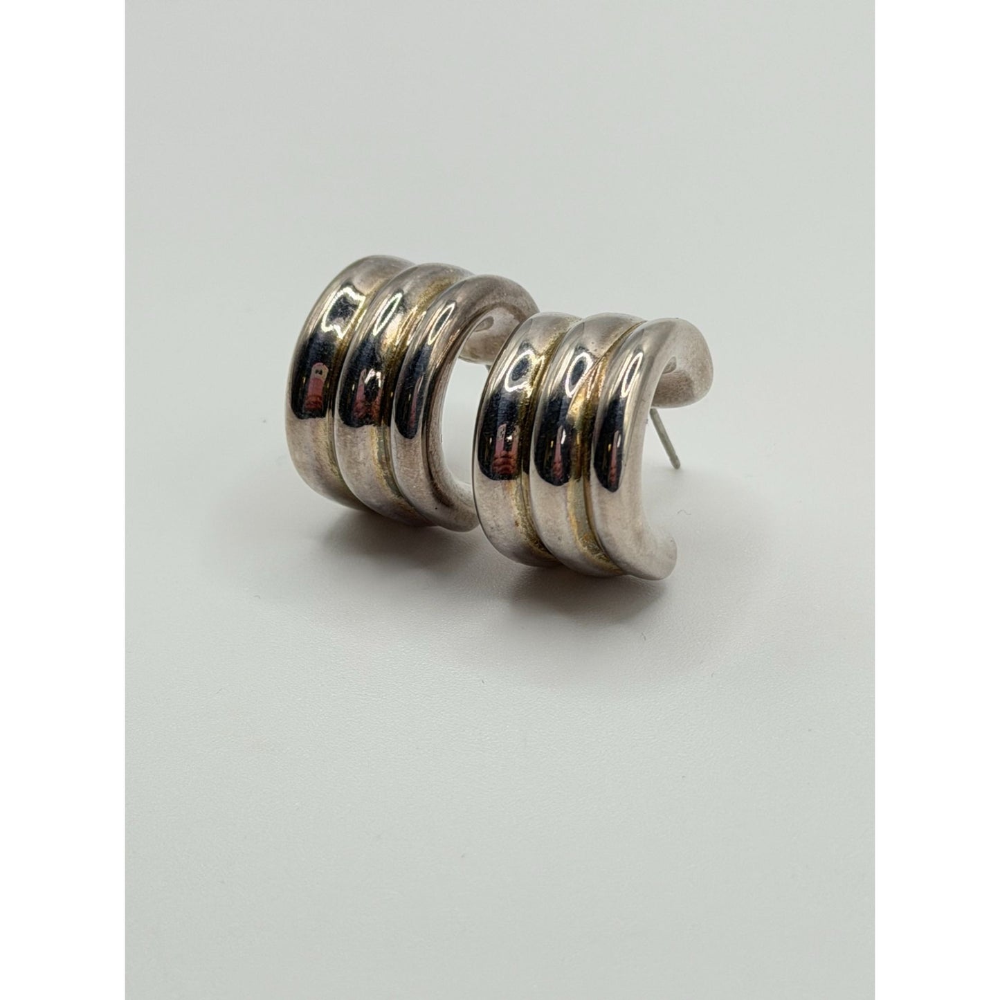 Sterling Silver 925 Chunky Triple Band Hoop Earrings