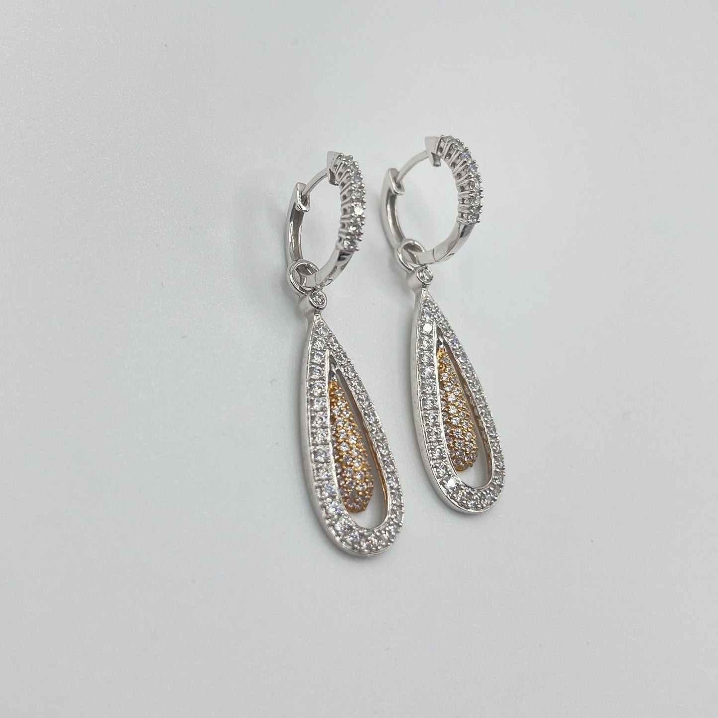 14K Two-Tone White & Yellow Gold Diamond Floating Teardrop Dangle Earrings