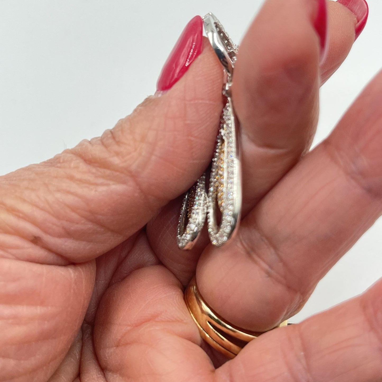 14K Two-Tone White & Yellow Gold Diamond Floating Teardrop Dangle Earrings