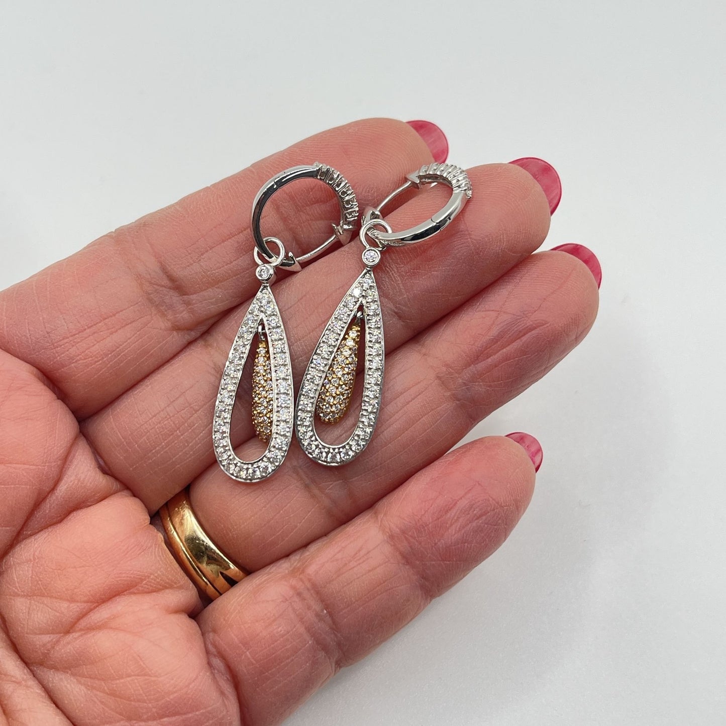 14K Two-Tone White & Yellow Gold Diamond Floating Teardrop Dangle Earrings