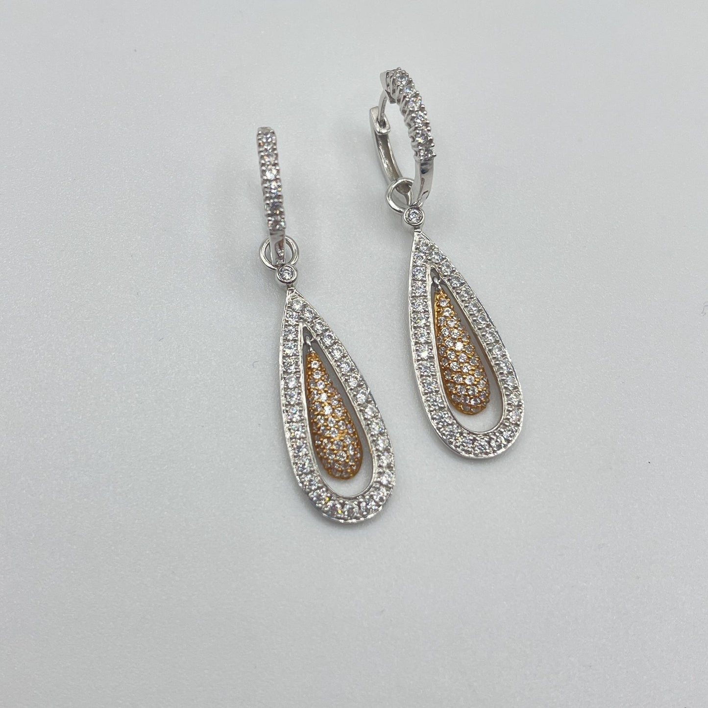 14K Two-Tone White & Yellow Gold Diamond Floating Teardrop Dangle Earrings