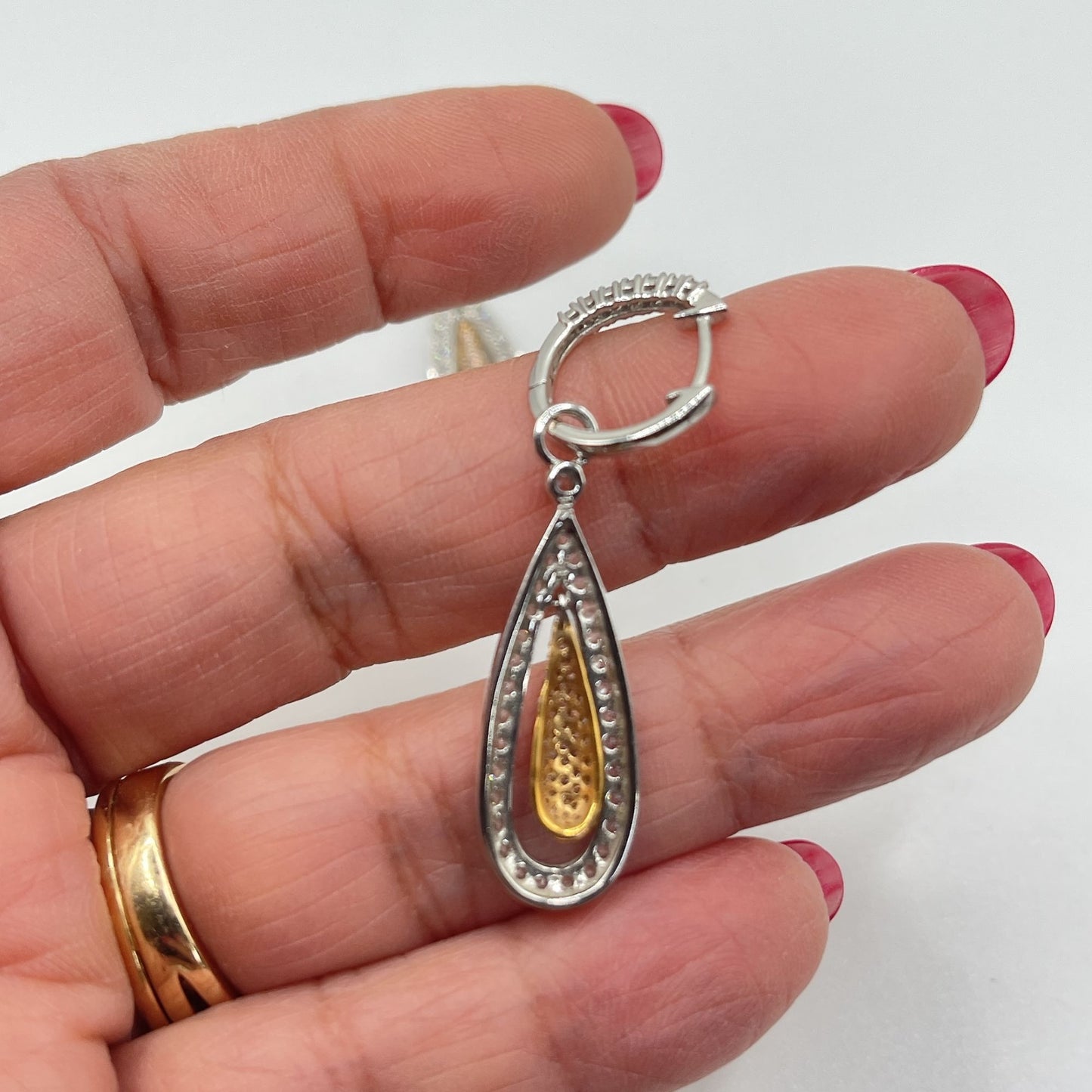 14K Two-Tone White & Yellow Gold Diamond Floating Teardrop Dangle Earrings