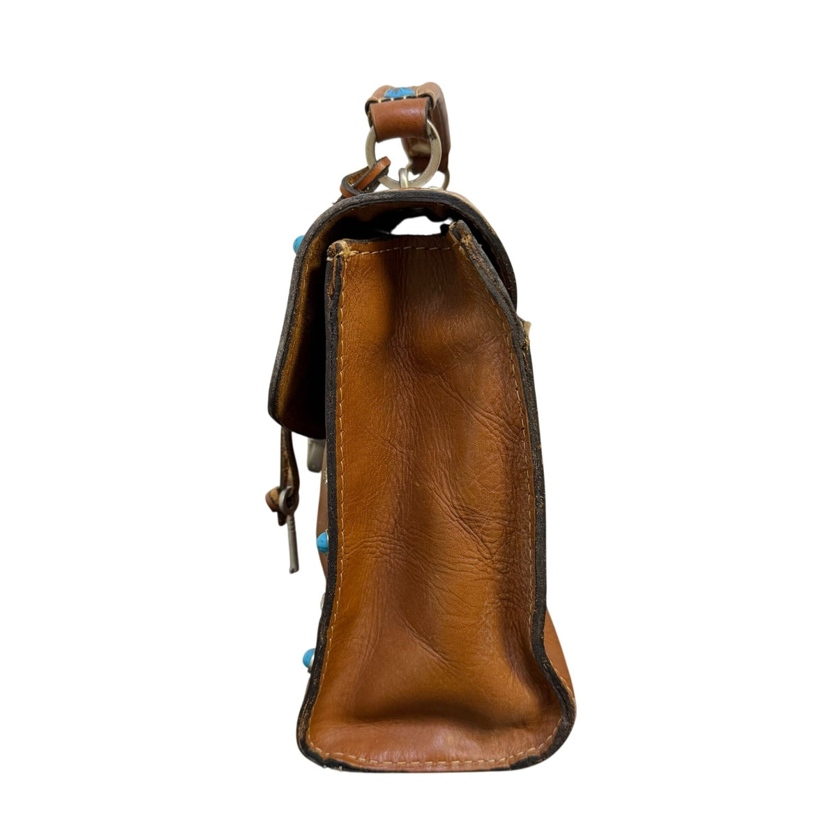 Patricia Nash Brown Leather Handbag With Turquoise & Silver Studs