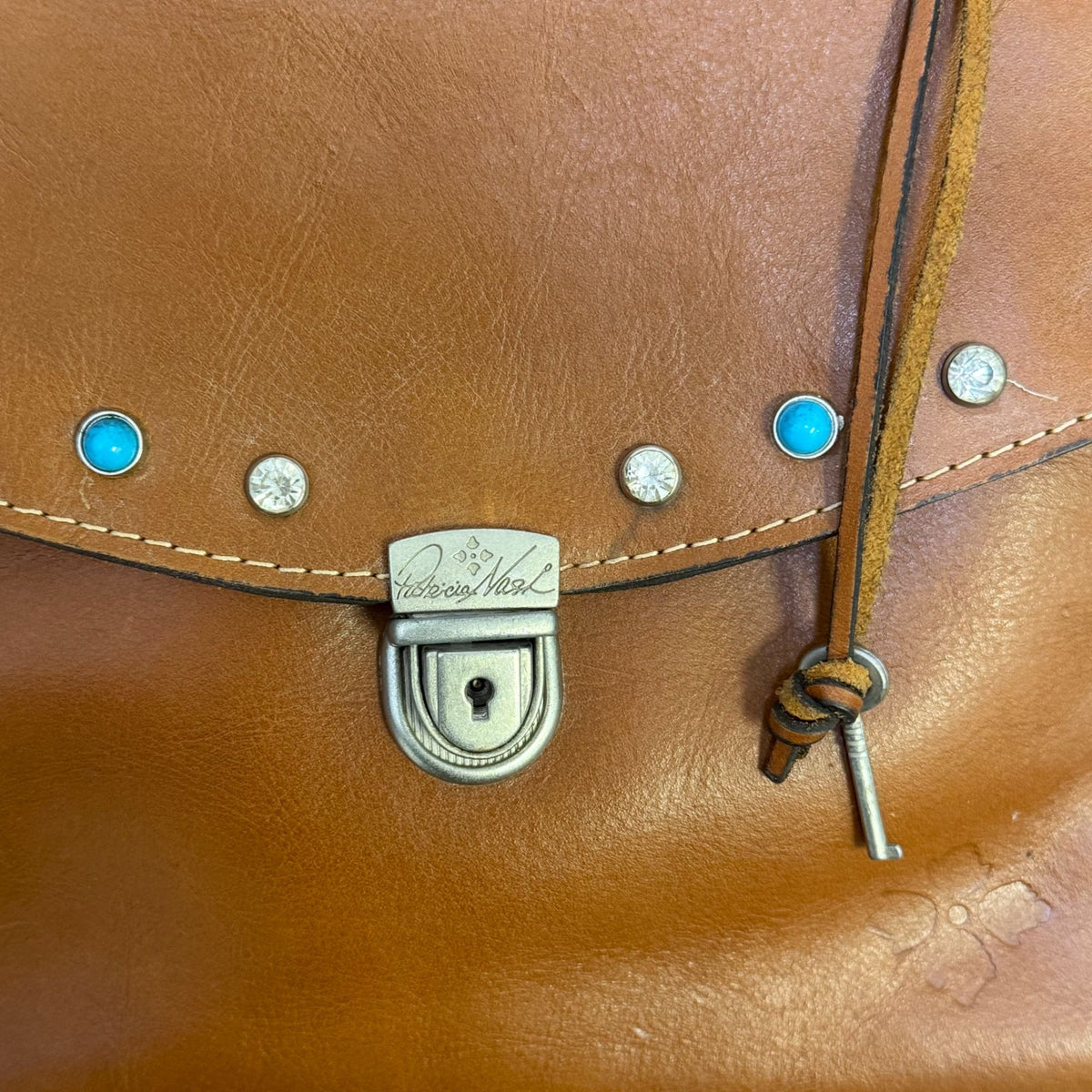 Patricia Nash Brown Leather Handbag With Turquoise & Silver Studs