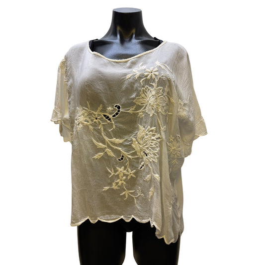 Johnny Was Embroidered Floral White Sheer Blouse XS Boho Chic