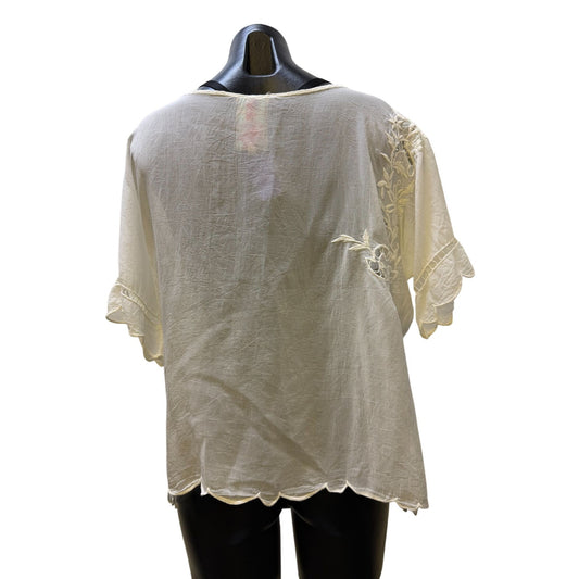 Johnny Was Embroidered Floral White Sheer Blouse XS Boho Chic