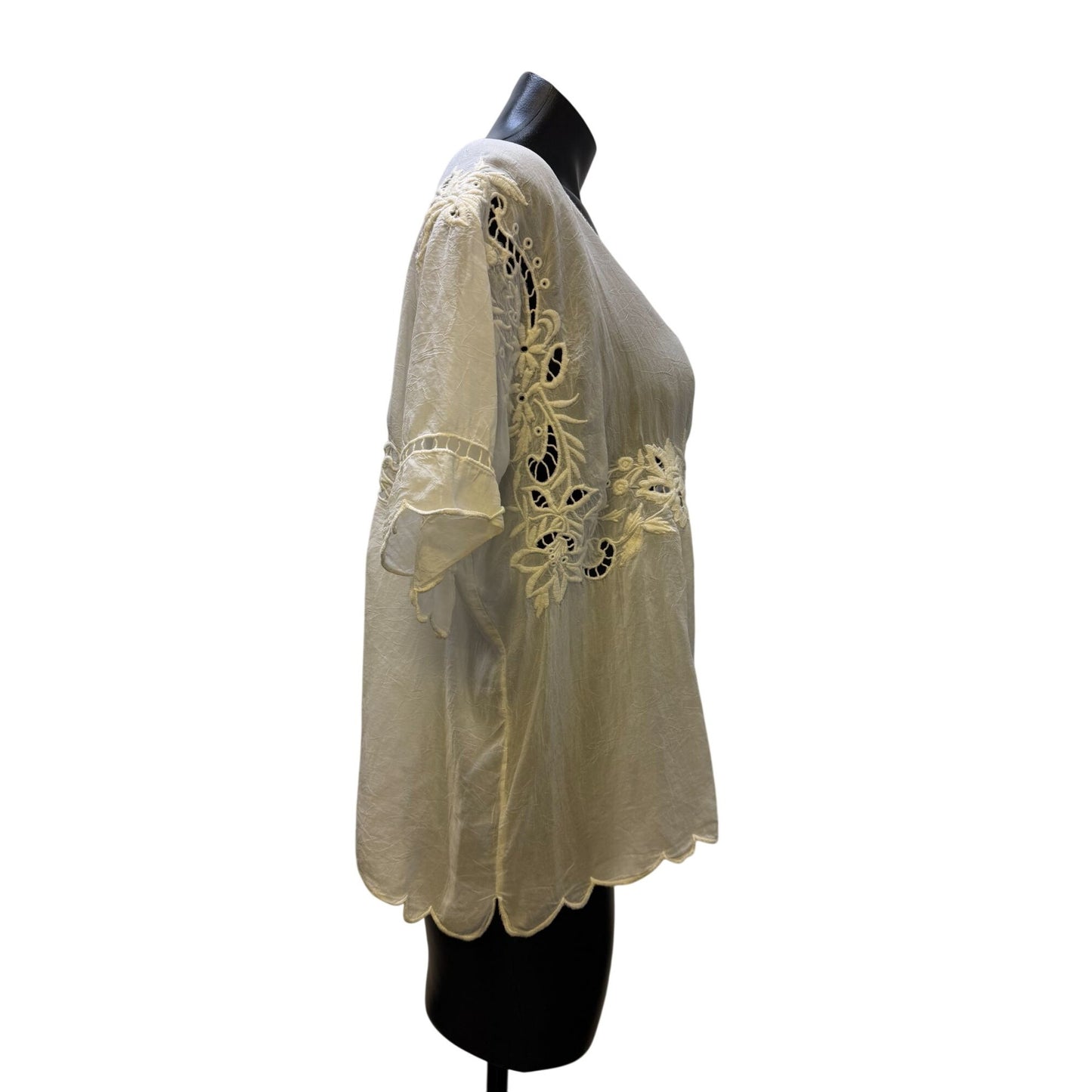 Johnny Was Embroidered Floral White Sheer Blouse XS Boho Chic