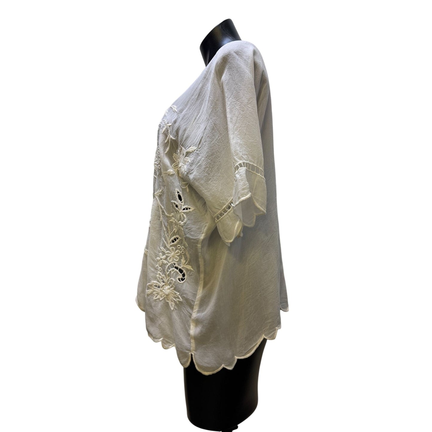 Johnny Was Embroidered Floral White Sheer Blouse XS Boho Chic