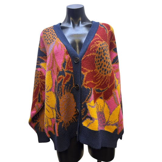 Farm Rio For Anthropologie Floral Print Cardigan Navy Pink Purple Sweater S