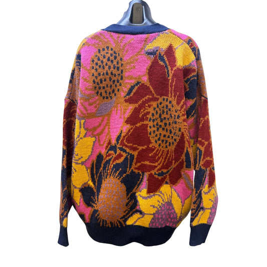 Farm Rio For Anthropologie Floral Print Cardigan Navy Pink Purple Sweater S