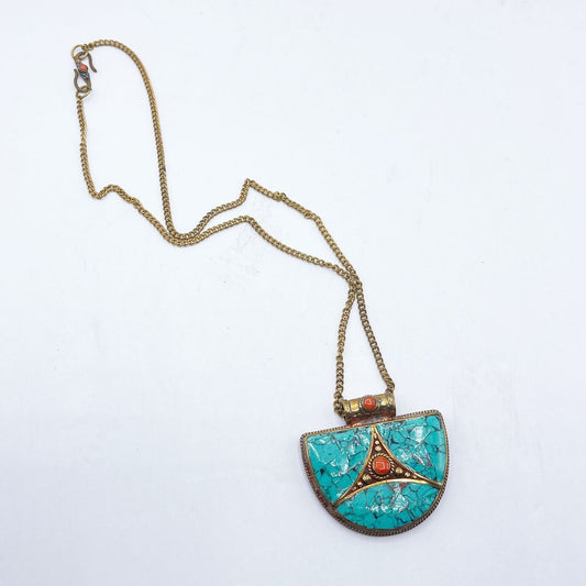 Tibetan Necklace Brass Pendant Inlaid with Turquoise & Coral Stone