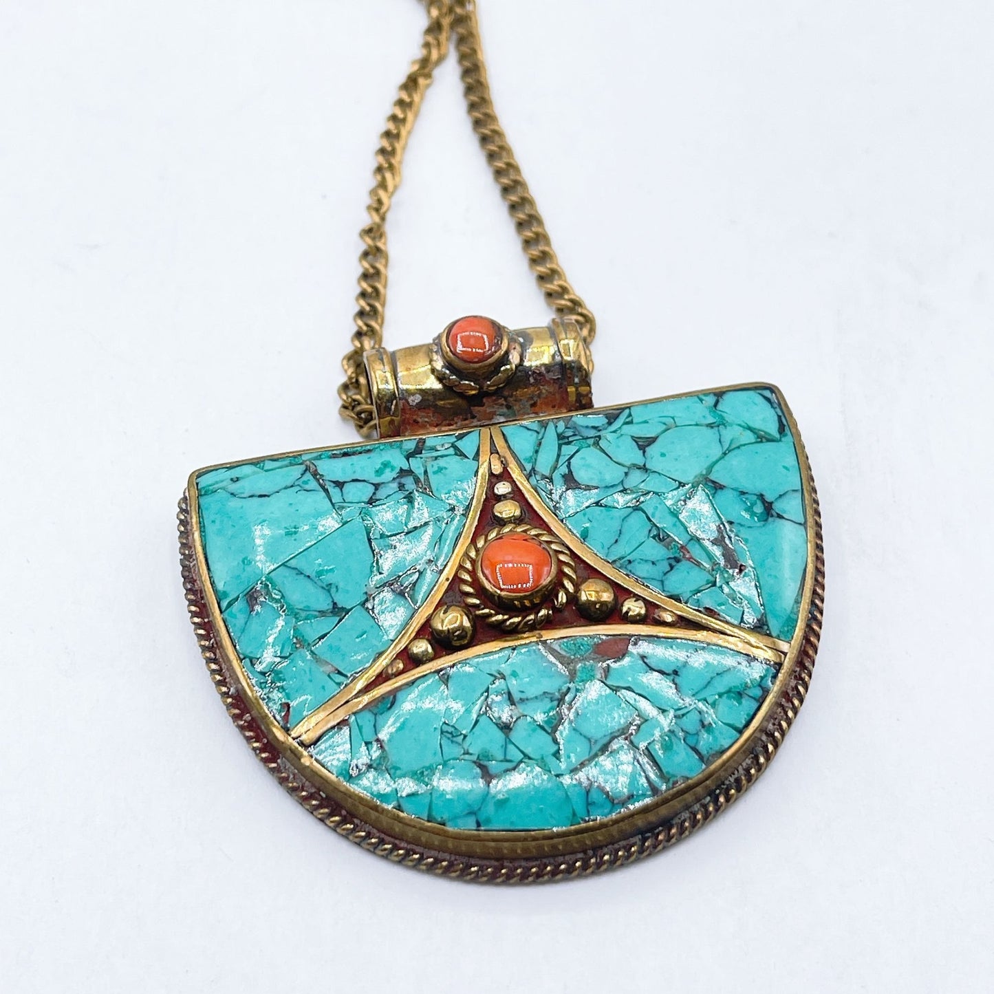 Tibetan Necklace Brass Pendant Inlaid with Turquoise & Coral Stone