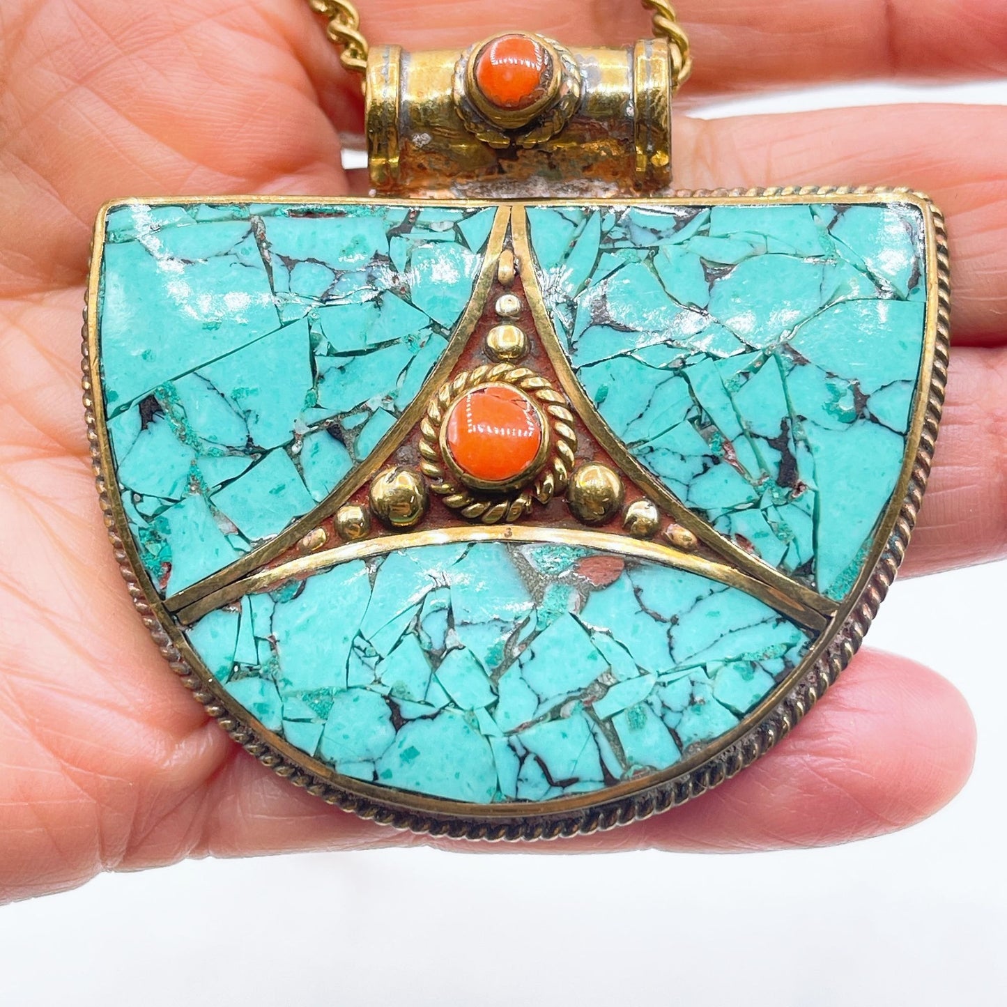 Tibetan Necklace Brass Pendant Inlaid with Turquoise & Coral Stone