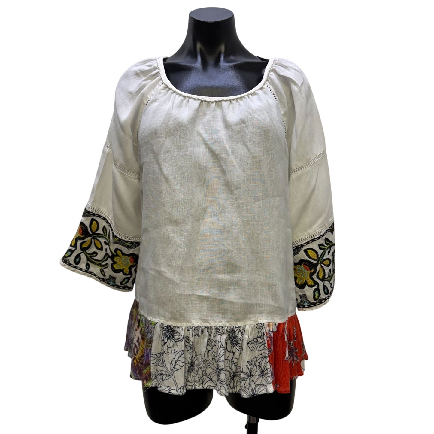 John Mark Linen Blouse White Multi Embroidered Bell Sleeve M