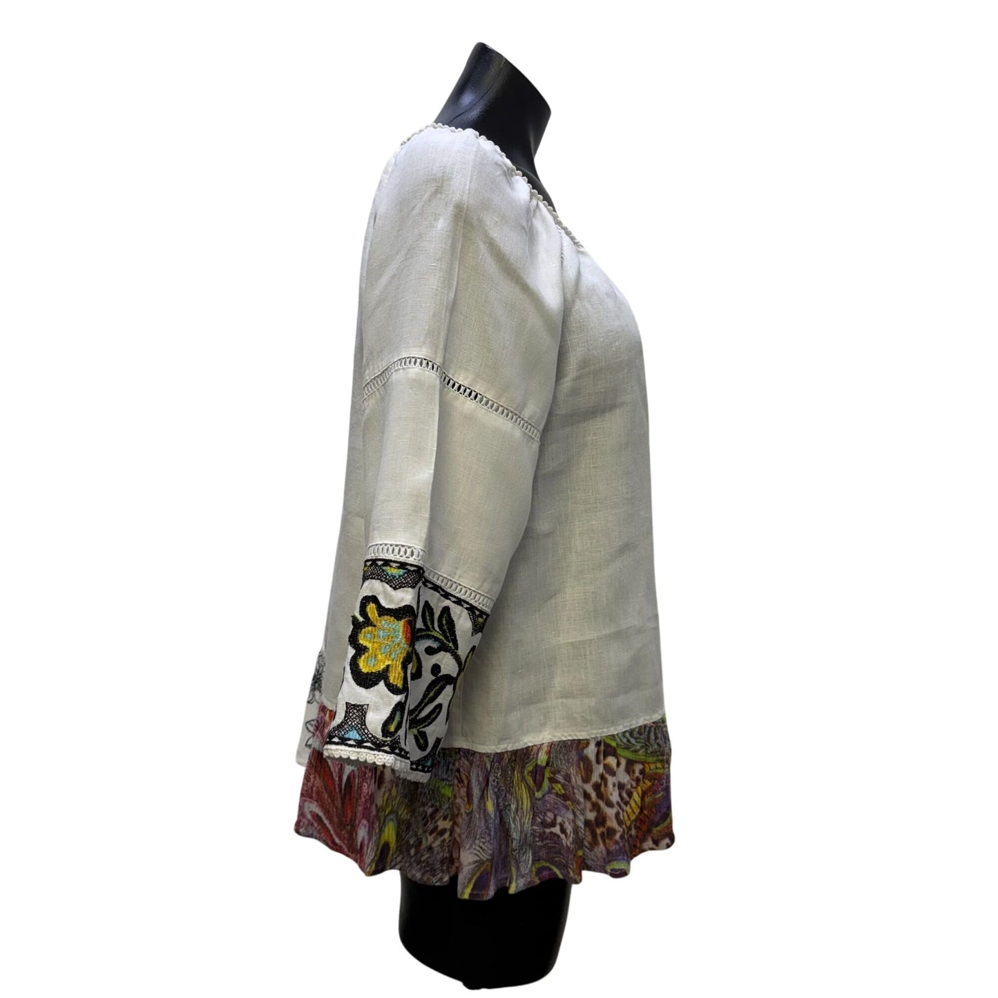 John Mark Linen Blouse White Multi Embroidered Bell Sleeve M