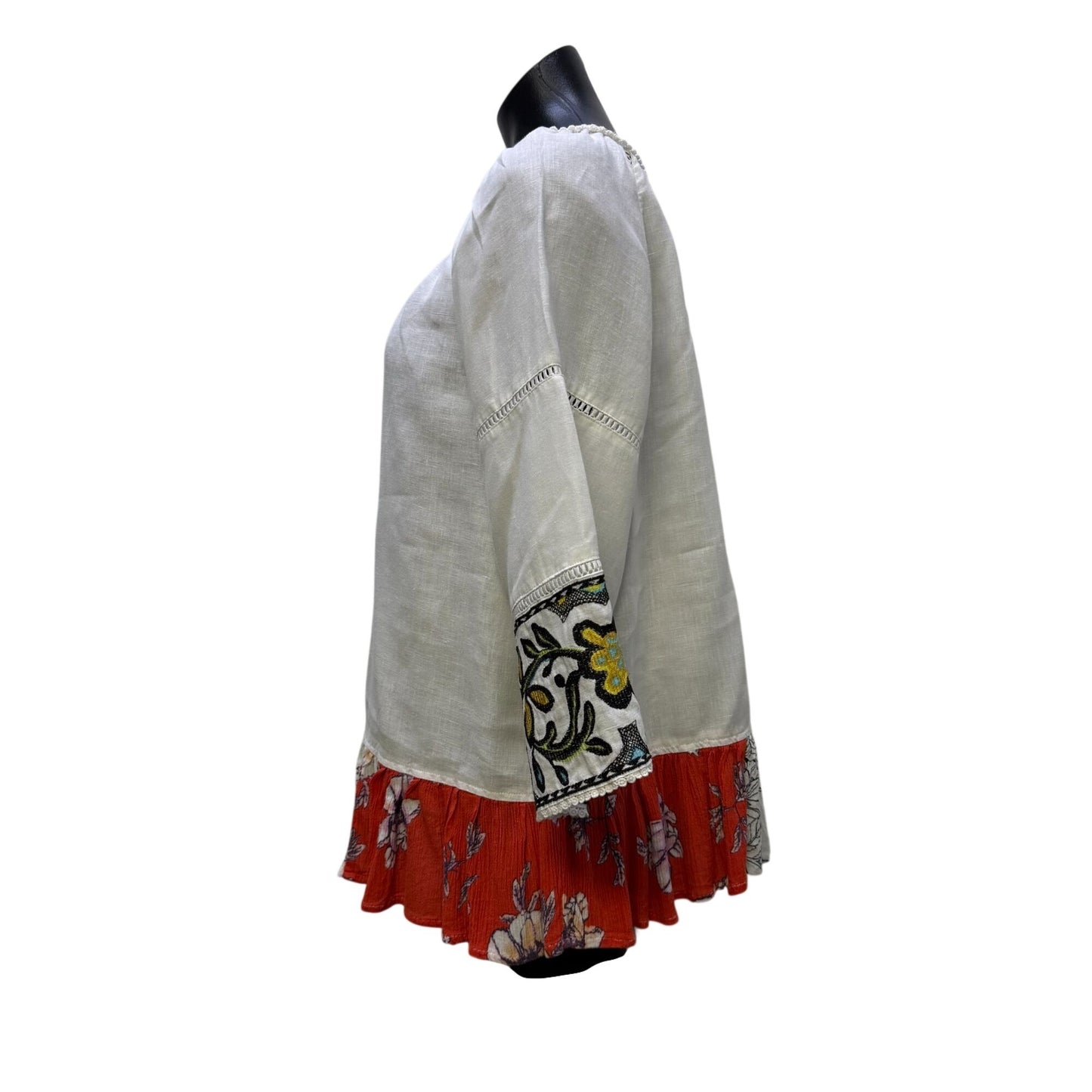 John Mark Linen Blouse White Multi Embroidered Bell Sleeve M
