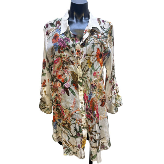 Aratta Silent Journey White w/Multicolored Print & Embroidery Button-Down Blouse Size XL