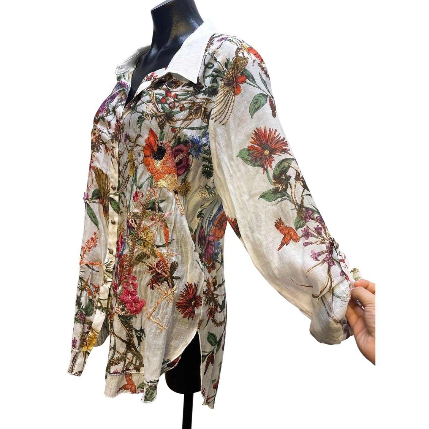 Aratta Silent Journey White w/Multicolored Print & Embroidery Button-Down Blouse Size XL