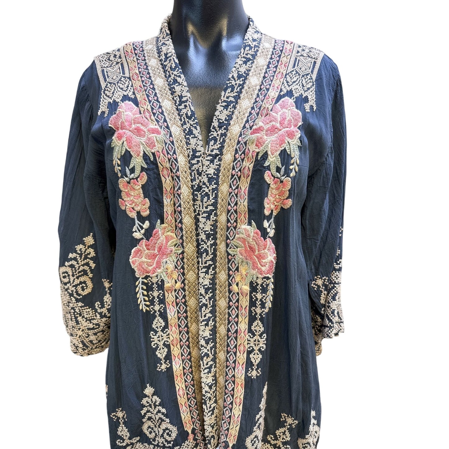 Johnny Was Bohemian Navy w/Floral Patterns Embroidered Open Cardigan Size S