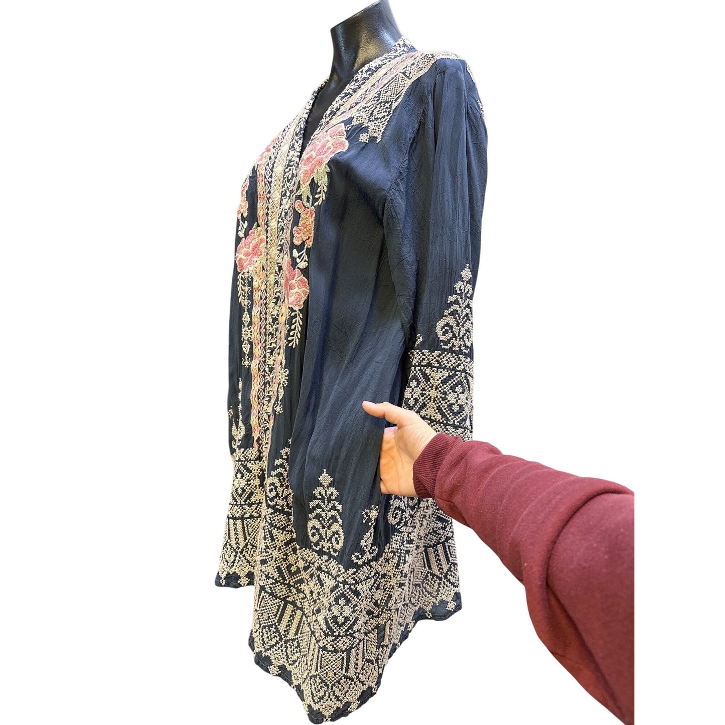 Johnny Was Bohemian Navy w/Floral Patterns Embroidered Open Cardigan Size S