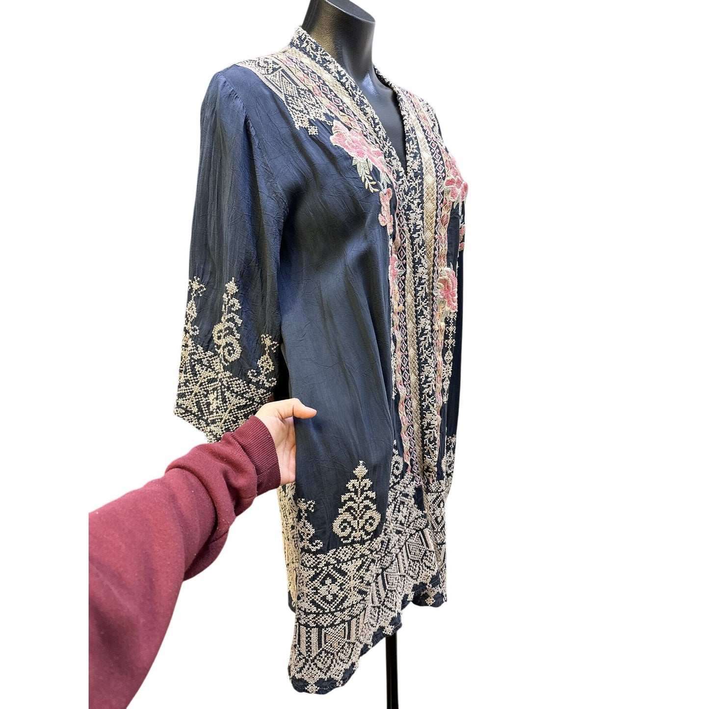 Johnny Was Bohemian Navy w/Floral Patterns Embroidered Open Cardigan Size S