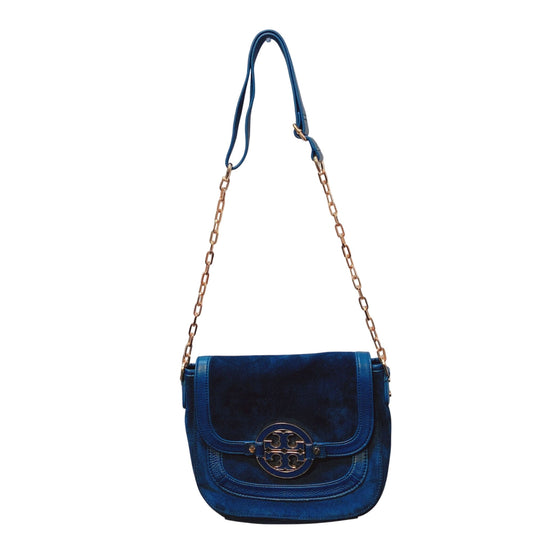 Tory Burch Navy Blue Suede Shoulder Bag With Gold Chain Strap