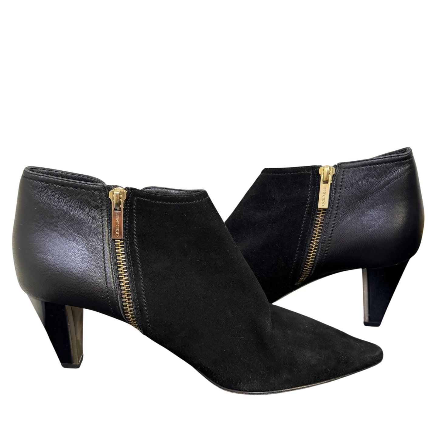 Jimmy Choo Black Suede & Leather Pointed Toe Heeled Booties 7.5 / 38