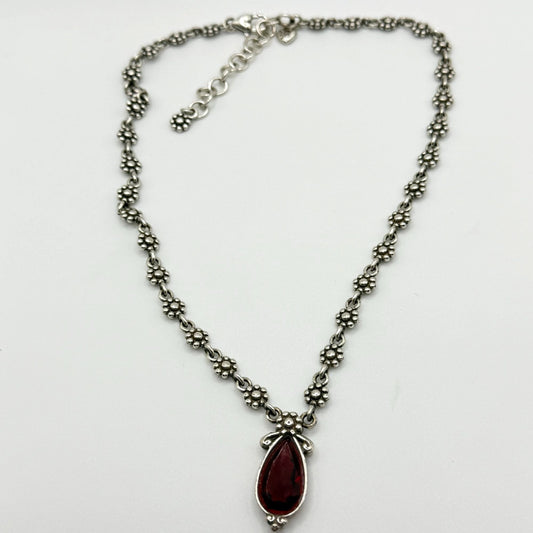 Brighton Silver Tone Red Glass Teardrop Charm Daisy Necklace