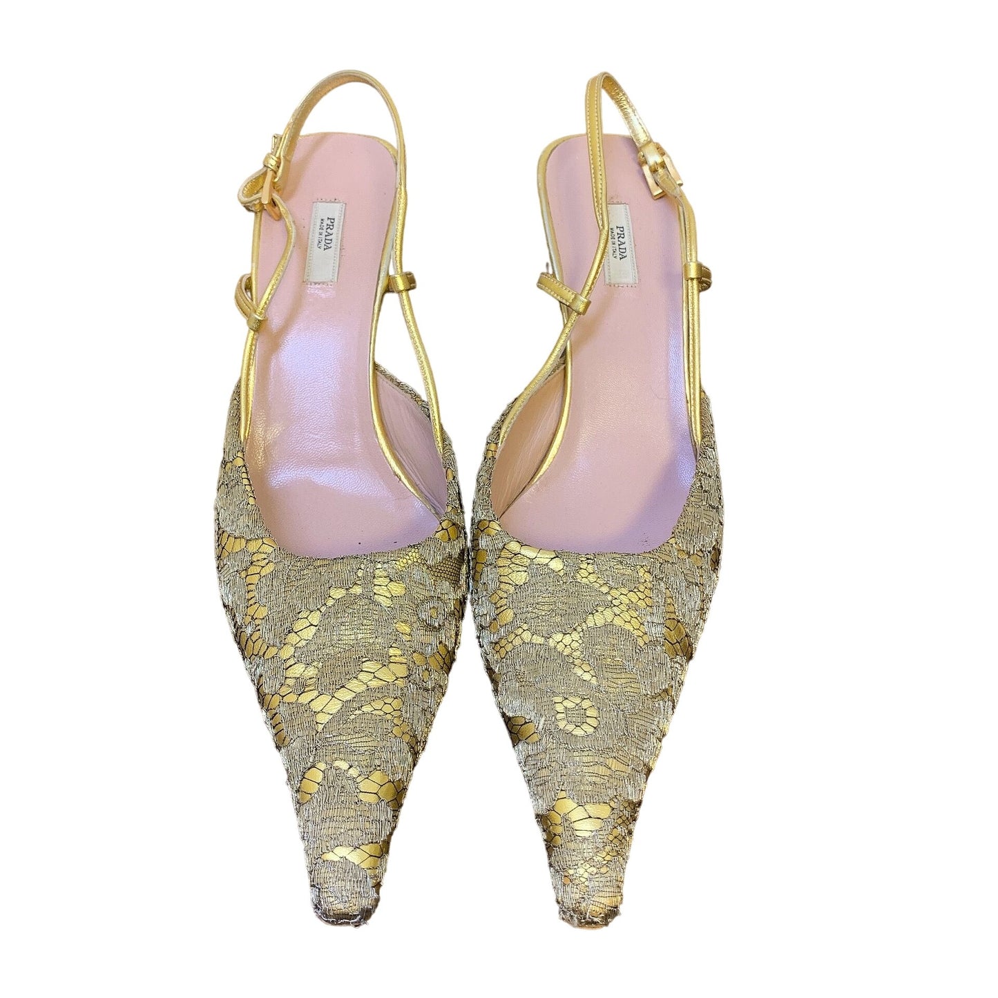 Prada Vintage Gold Lace Satin Slingback Heels Shoes 40.5/10