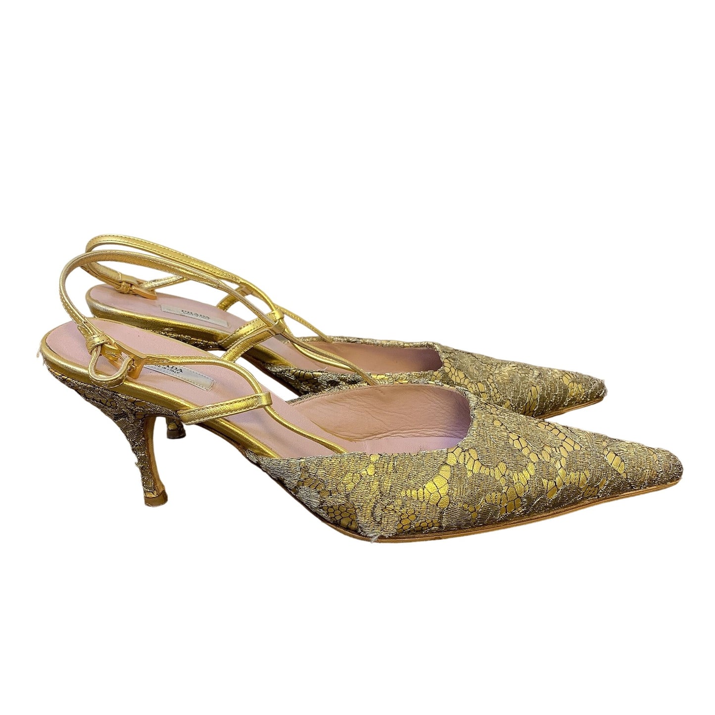 Prada Vintage Gold Lace Satin Slingback Heels Shoes 40.5/10