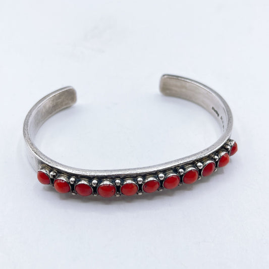 Darrin Livingston Vintage Navajo 925 Silver Cuff Bracelet With Red Turquoise Inlay