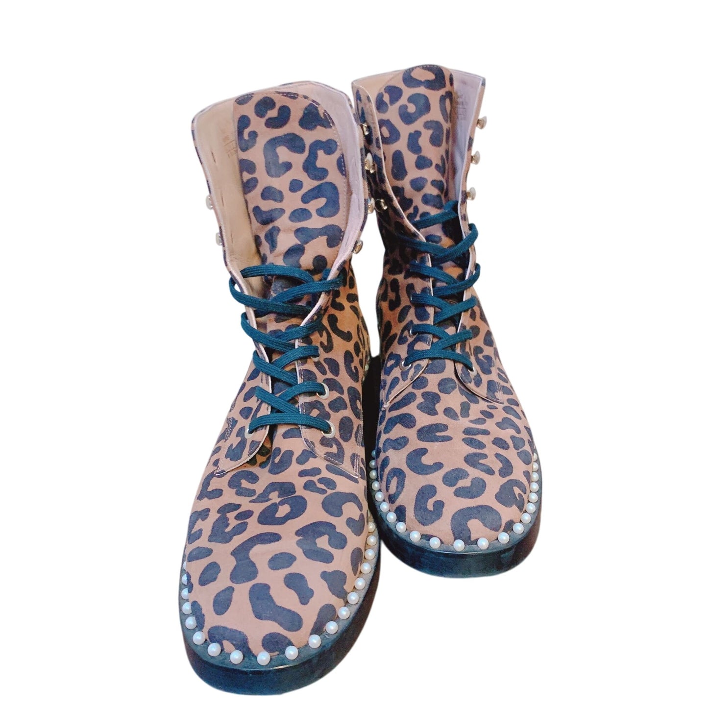 Stuart Weitzman Leopard Animal Print Lace-Up Ankle Boots With Pearl Studded Trim 8